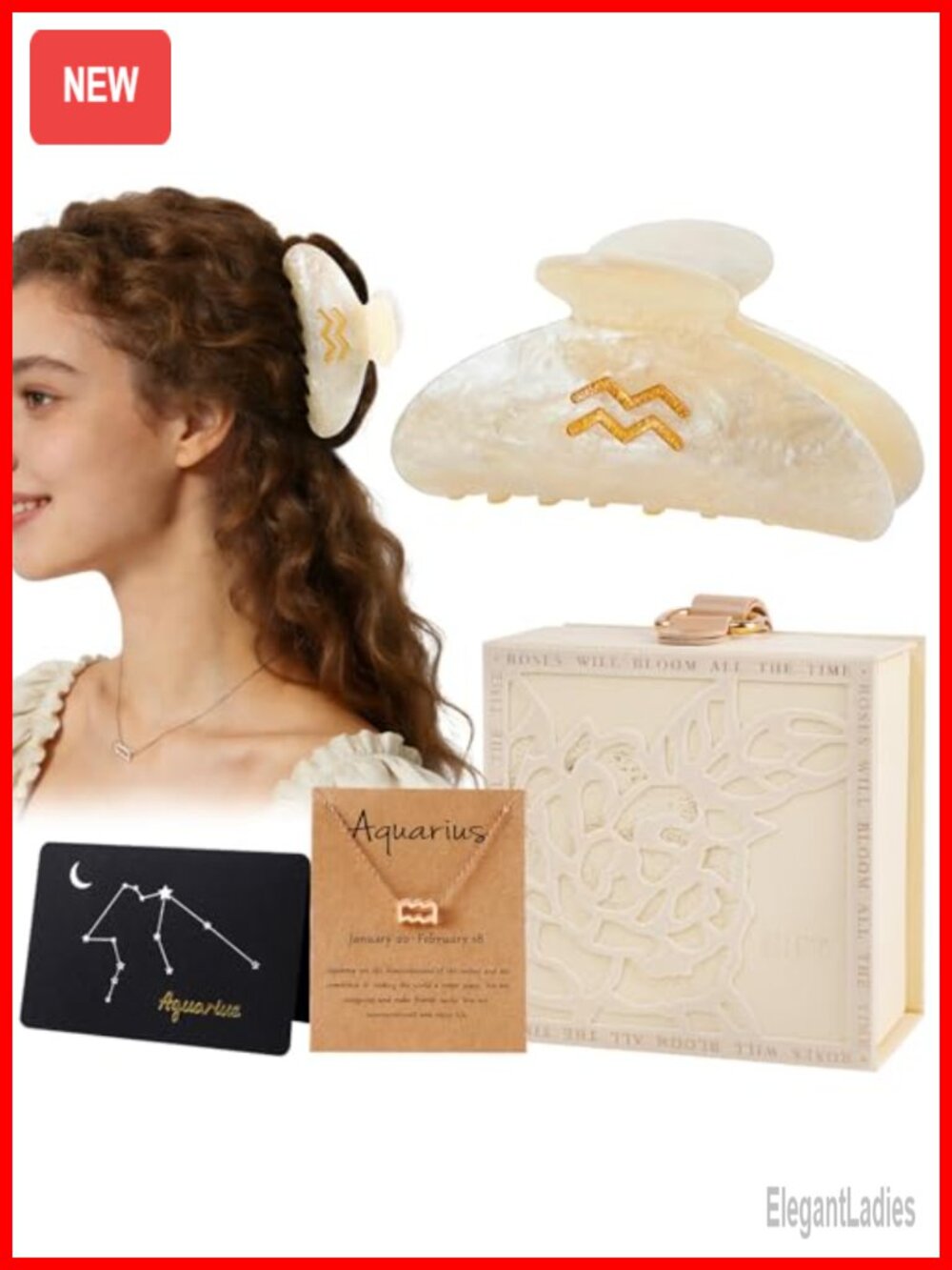 Aquarius Gift Set for Women - Marble Acrylic Hair Claw Clips & Zodiac Necklace